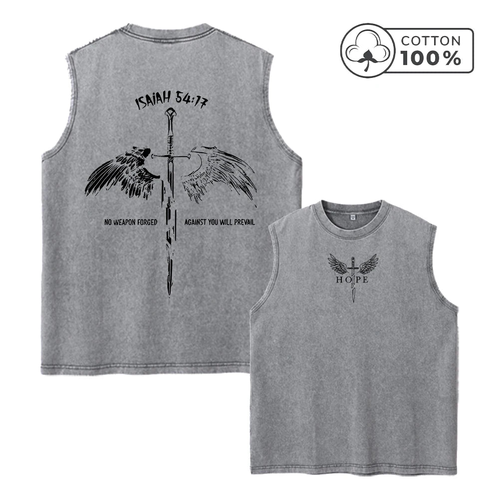Men's Casual Washed Vest With Sword And Wing Print Loose Fit Pure Cotton Summer Basketball Fitness Training Sleeveless Top