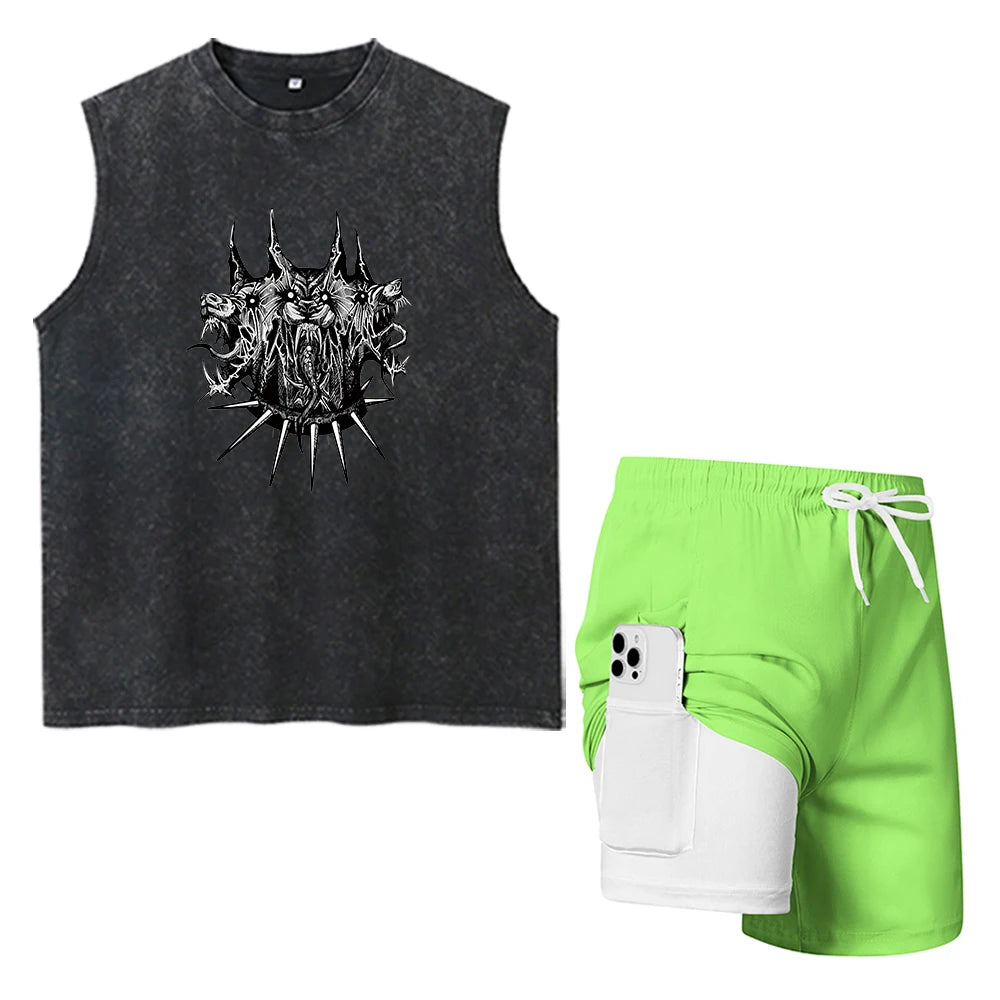 Men's Beach Casual Set Printed Fashion Washed T-Shirt Drawstring Shorts With Inner Cell Phone Pocket Summer Swimming And Surfing