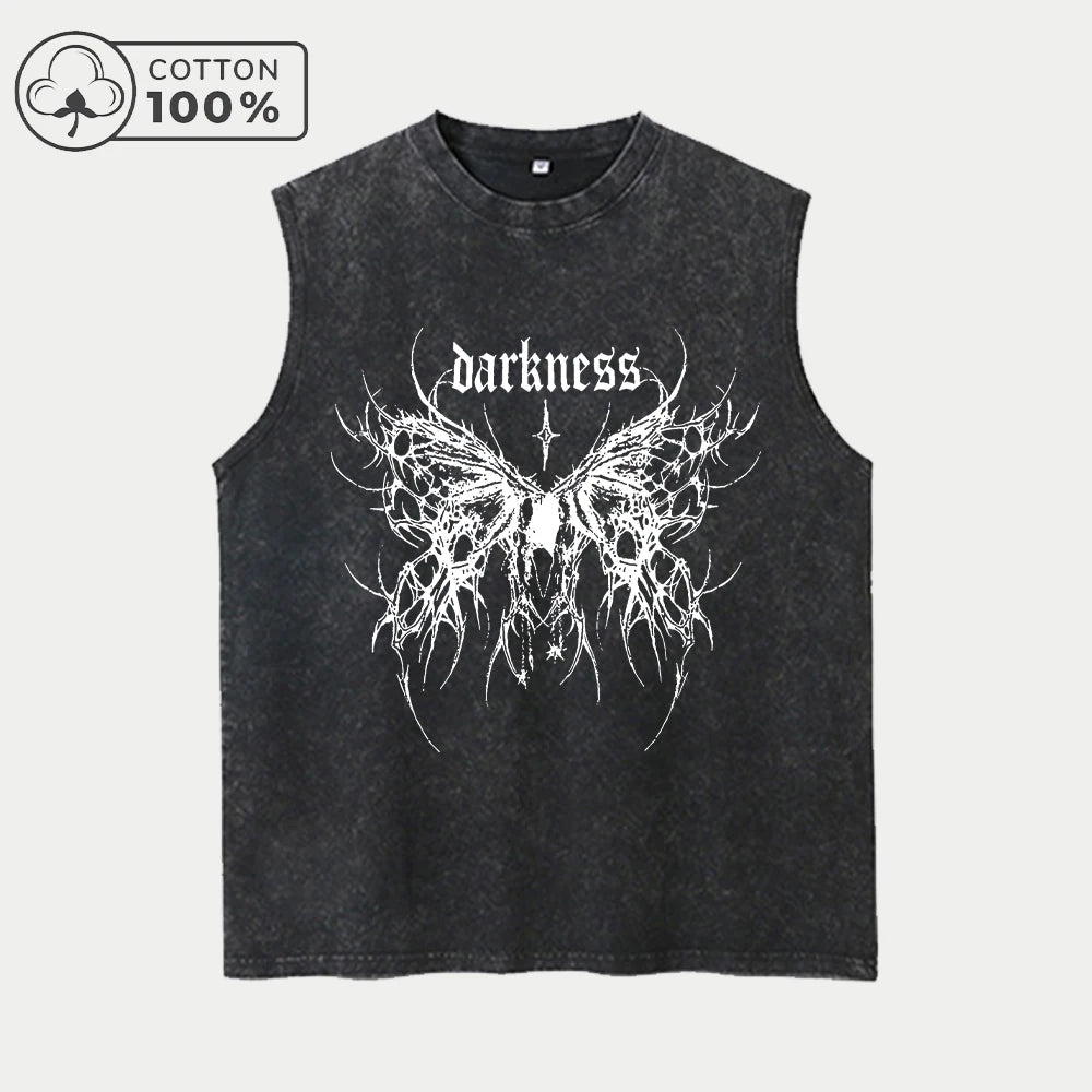 Men's Simple Butterfly Print Retro Washed Vest Summer Casual Heavyweight Pure Cotton Sleeveless Vest Street Style Loose Top