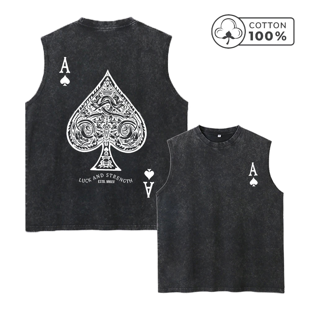 Men's Gothic Style Spade Ace Print Vintage Washed Vest Summer Gym Commuter Top Distressed Casual Fashion Pure Cotton Vest