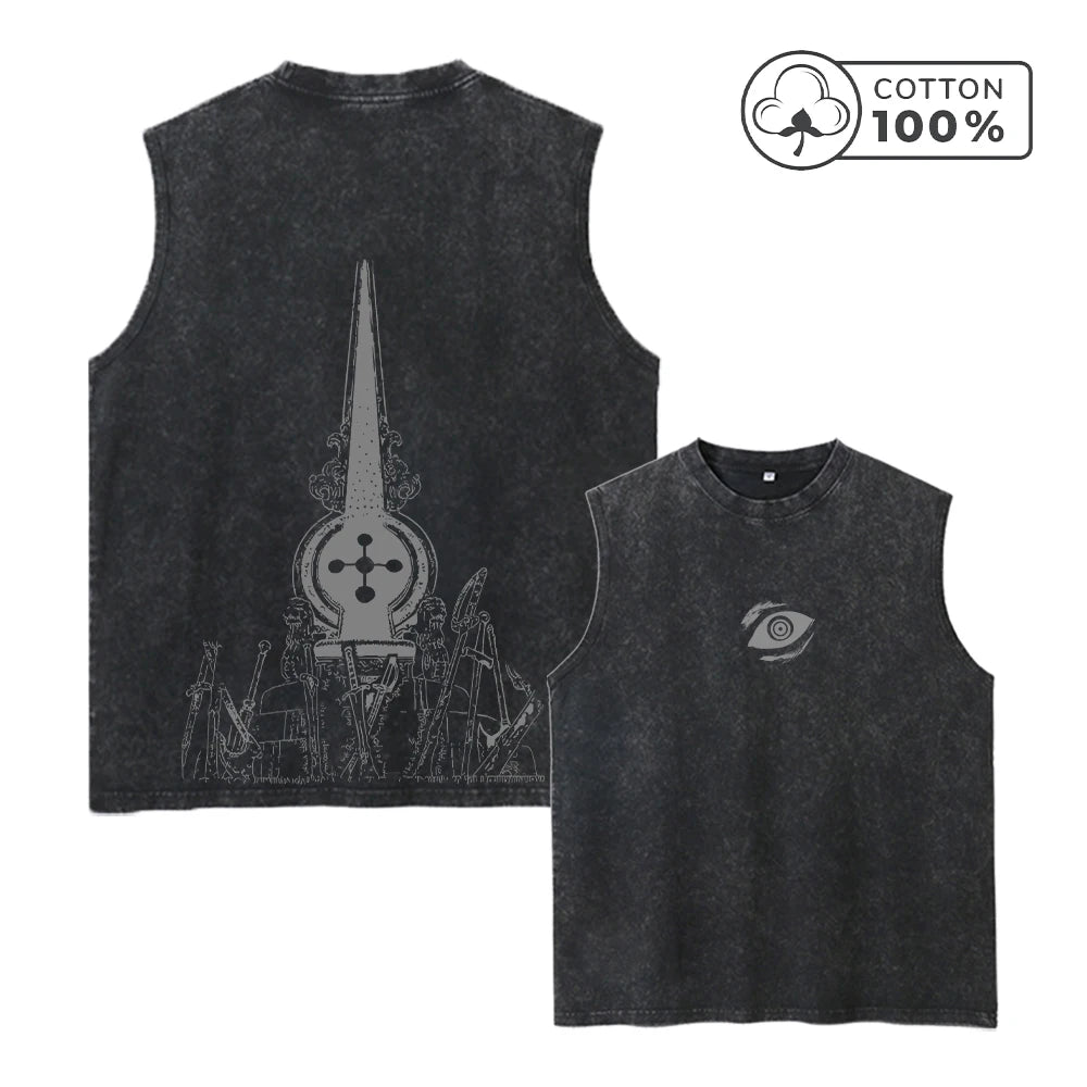 Men's Architectural Print Distressed Washed Vest Pure Cotton Breathable T-Shirt Summer Fitness Running Casual Sleeveless Vest