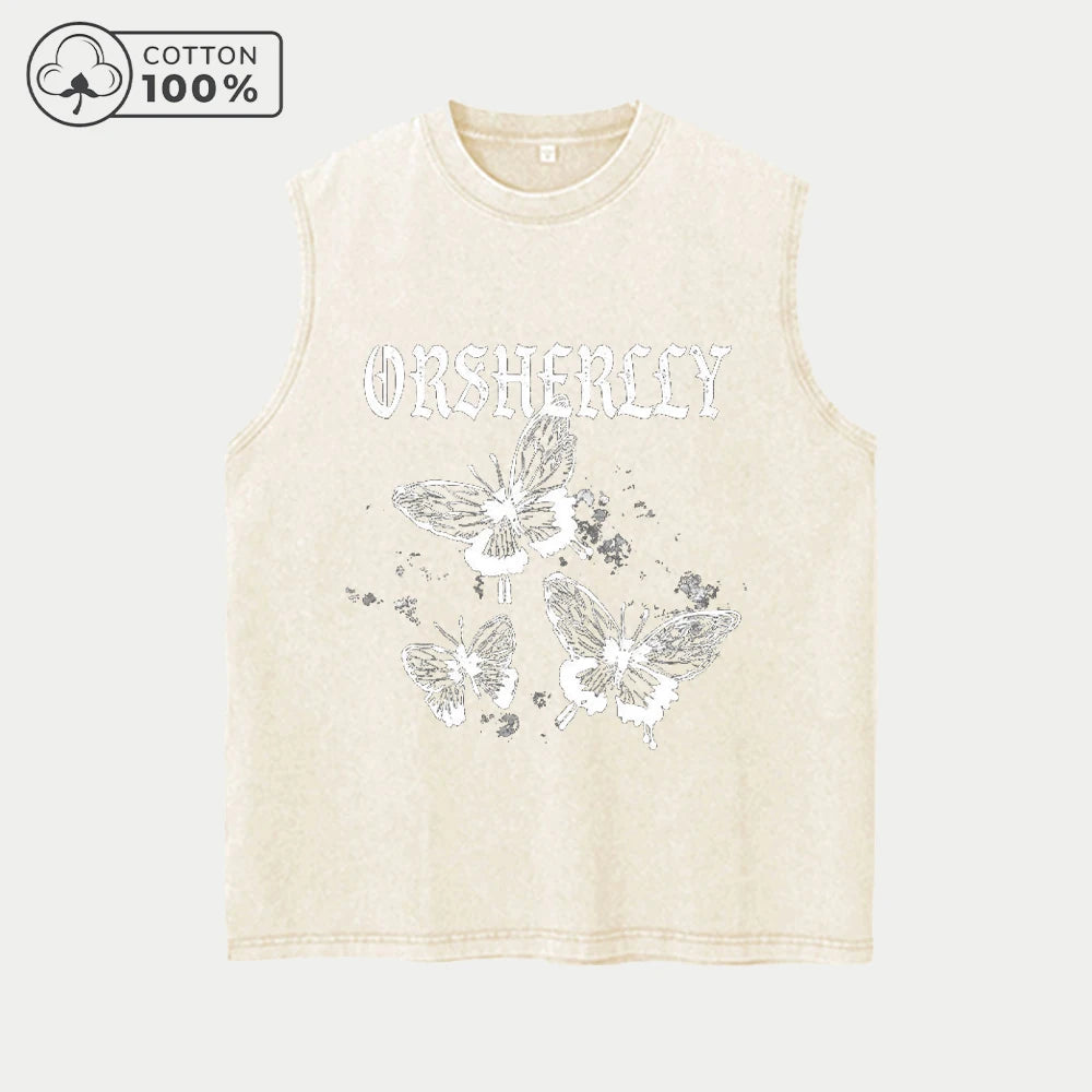 Men's Y2K Trendy Butterfly Print Retro Washed Vest Summer Fitness Daily Commute Top Casual Fashion Street Style Pure Cotton Vest