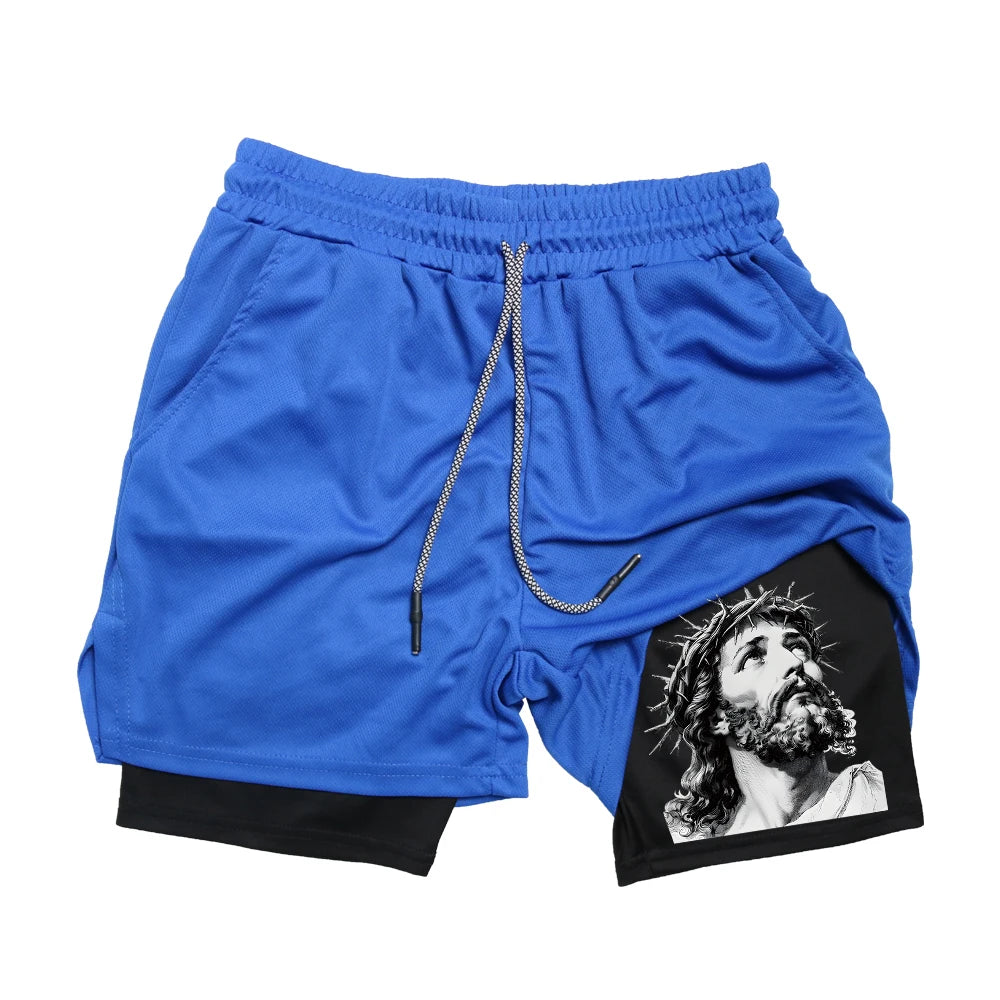 Men's Quick-Drying Athletic Shorts With Jesus Head Print Multiple Pockets Suitable For Fitness Training And Everyday Wear
