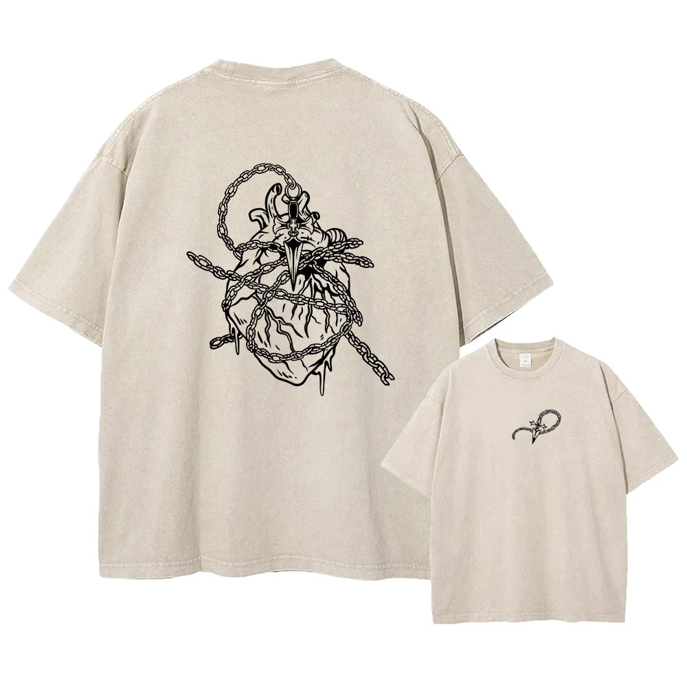 Summer Casual Printed Washed T-Shirt Loose Fitting Crew Neck Top Suitable For Everyday Commute And Lounging At Home Unisex Style
