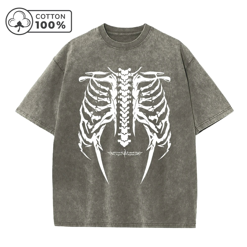 Men's Retro Dark Style Skull Print Washed T-Shirt Trendy Fashion Casual Pure Cotton Short Sleeve Outdoor Fitness Commuter Top