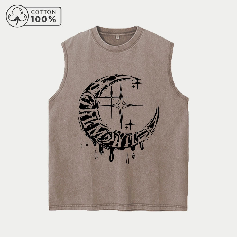 Men's Retro Washed Vest With Unique Star And Moon Print Pure Cotton Casual Sleeveless T-Shirt Distressed Street Style Top