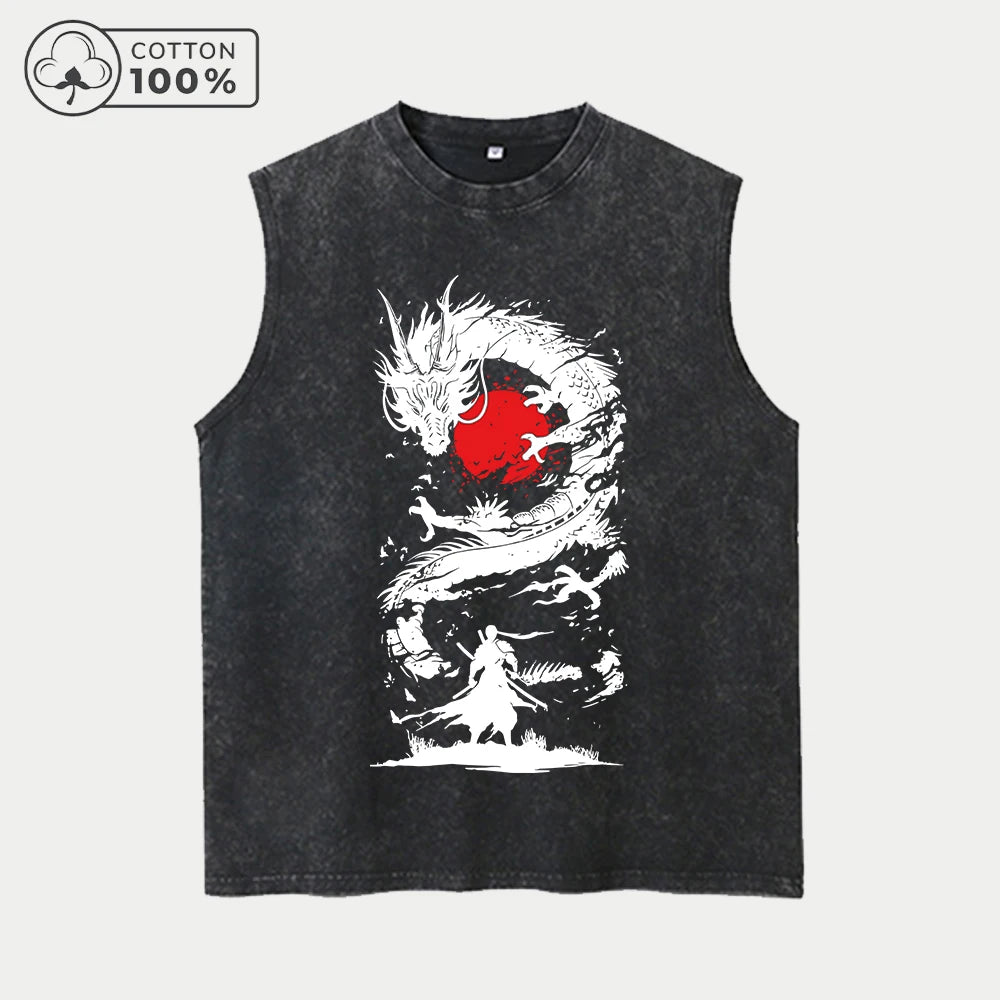 Men's Fashion Washed Vest With Chinese Dragon Print Pure Cotton Sleeveless Fitness T Shirt Loose Fit Casual Commuter Sports Top