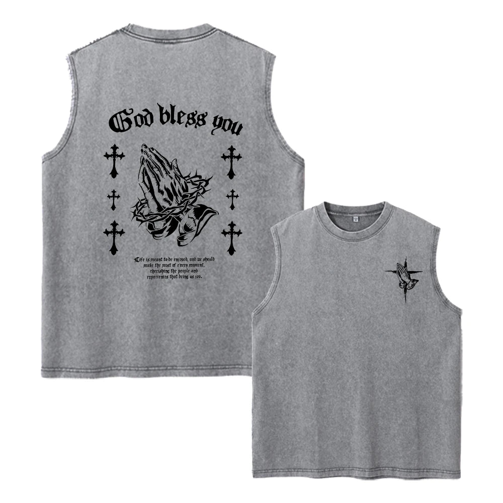 Summer Casual Printed Washed Vest Loose Fitting Casual Fashionable Retro Pure Cotton Sleeveless Vest Street Style Unisex