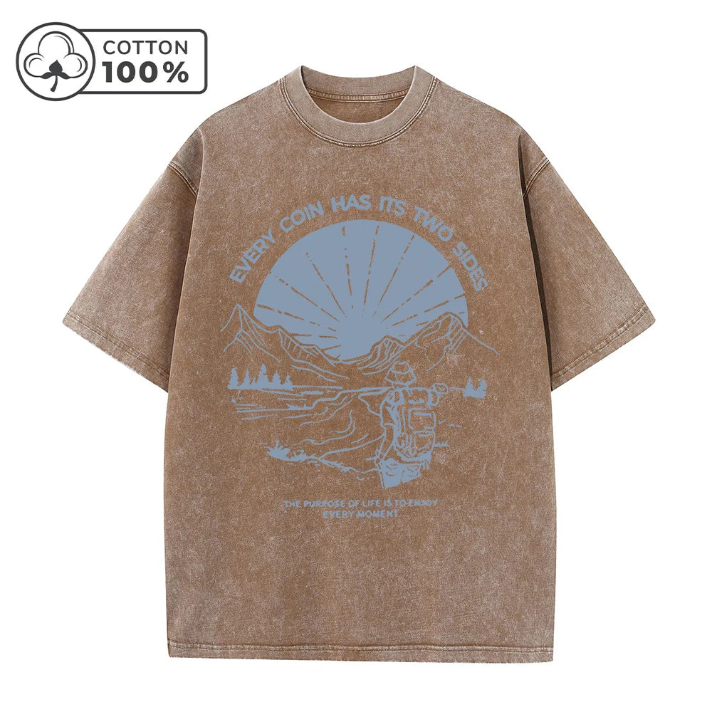Men's Retro Casual Washed T-Shirt Summer Fashion Landscape Print Pure Cotton Crew Neck Short Sleeve Street Commuter Top