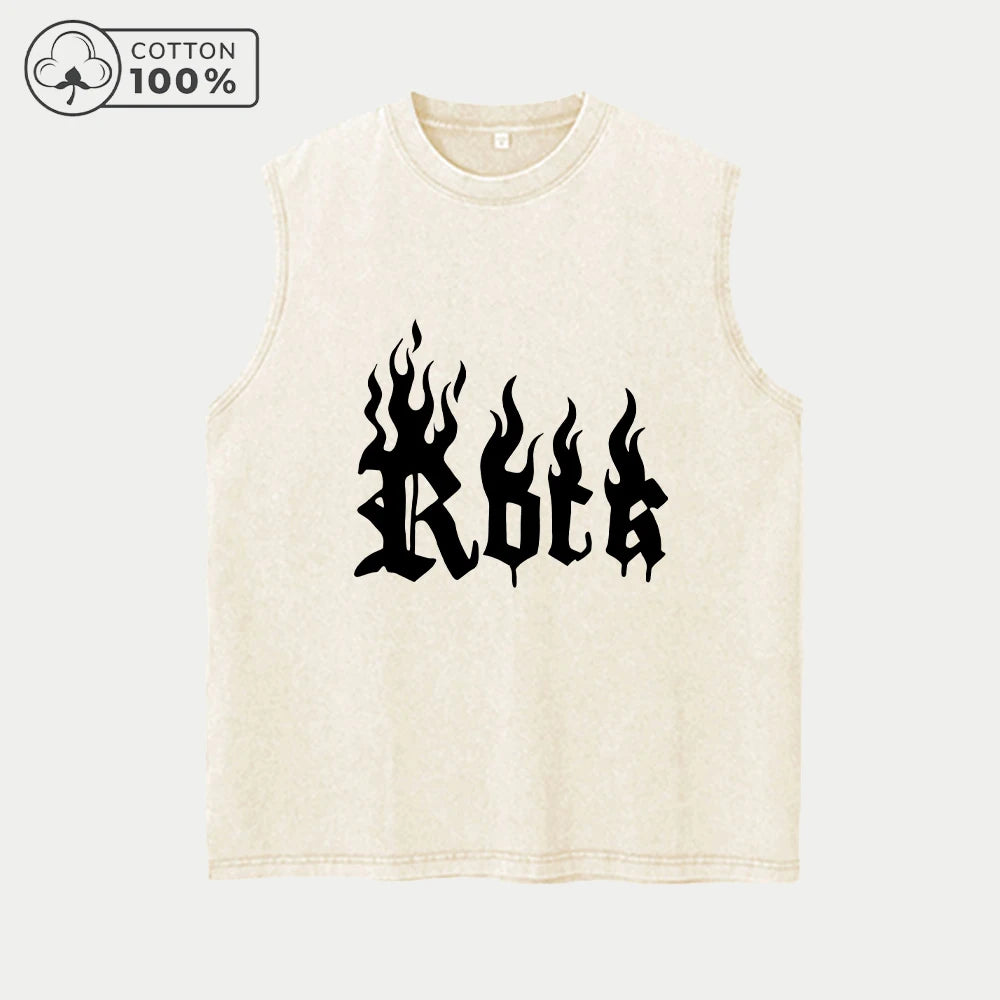 Men's Distressed Washed Vest Summer Casual Flame Word Print Pure Cotton Sleeveless T-Shirt Everyday Streetwear And Commuter Top