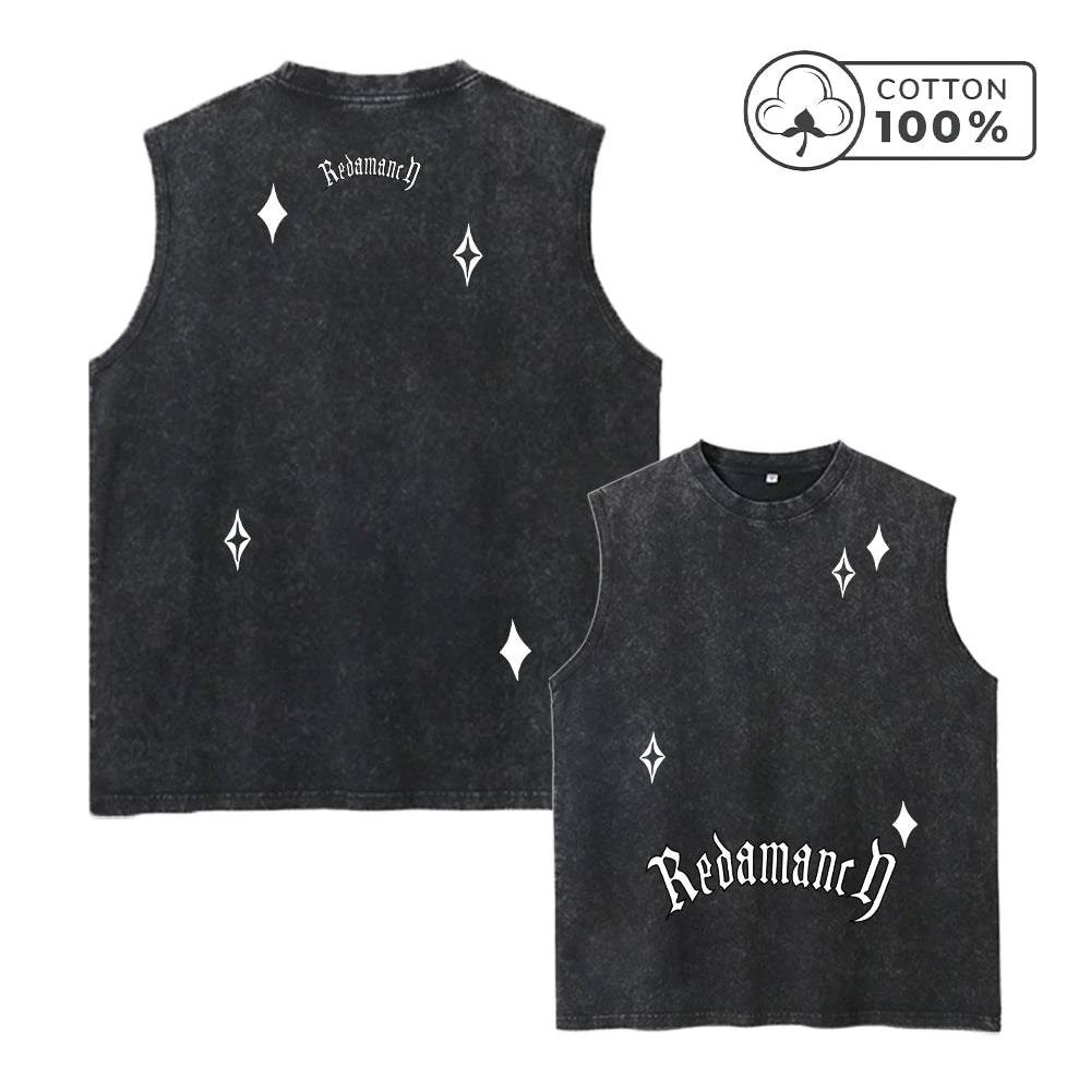 Men's Star And Letter Print Washed Vest Retro Street Style Loose Fitting Pure Cotton Sleeveless Top Summer Gym And Commute Vest