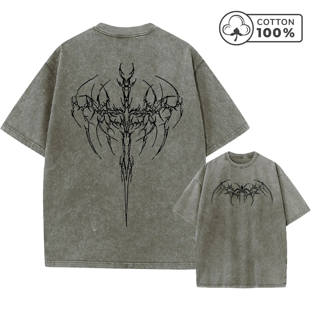 Men's Thorn Wings Print Retro Washed T-Shirt Trendy Streetwear Fitness Top Summer Casual Pure Cotton Breathable Short Sleeve Top