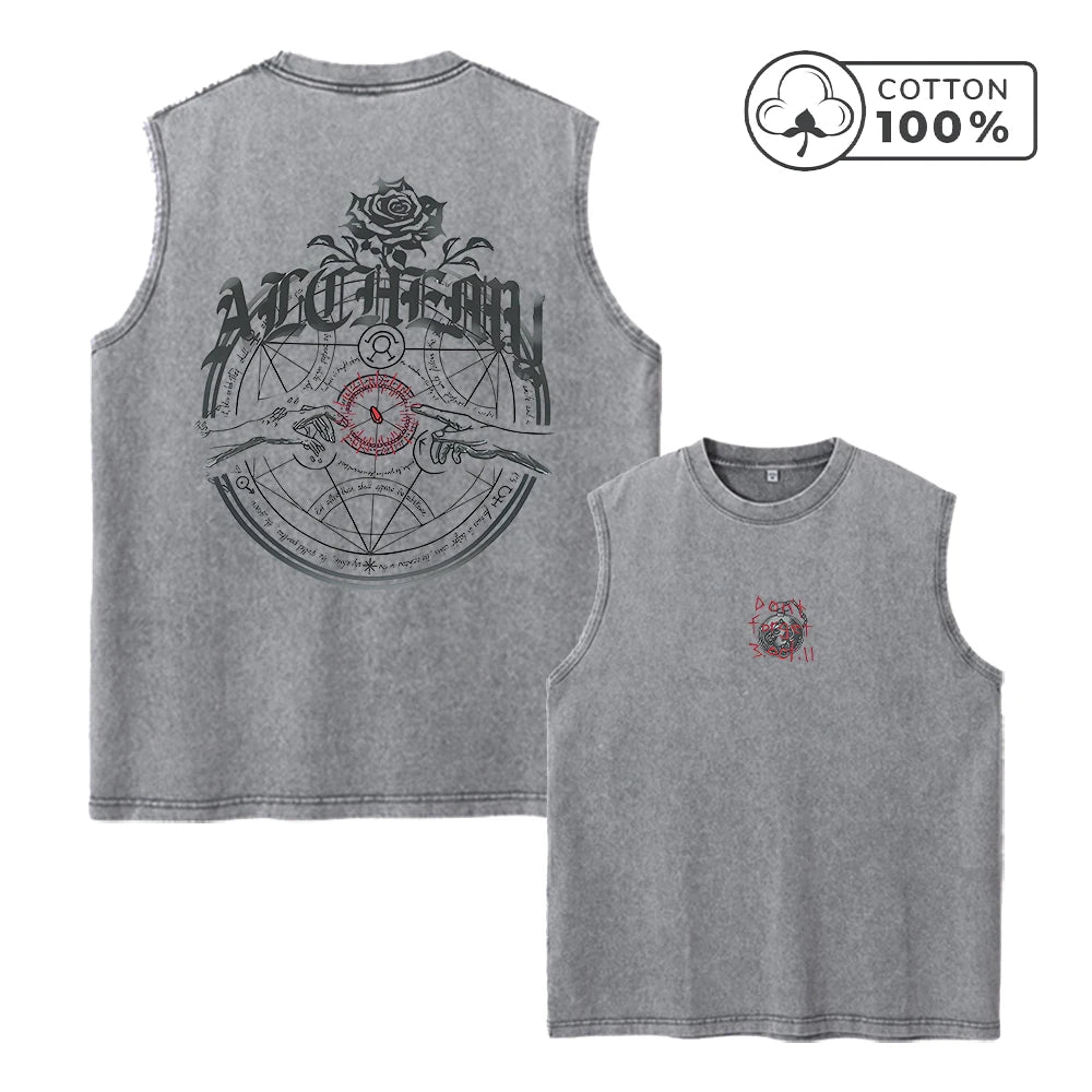 Men's Fashion Retro Washed Vest Summer Fitness Loose Casual Sleeveless T-Shirt With Personalized Pattern Print Pure Cotton Vest