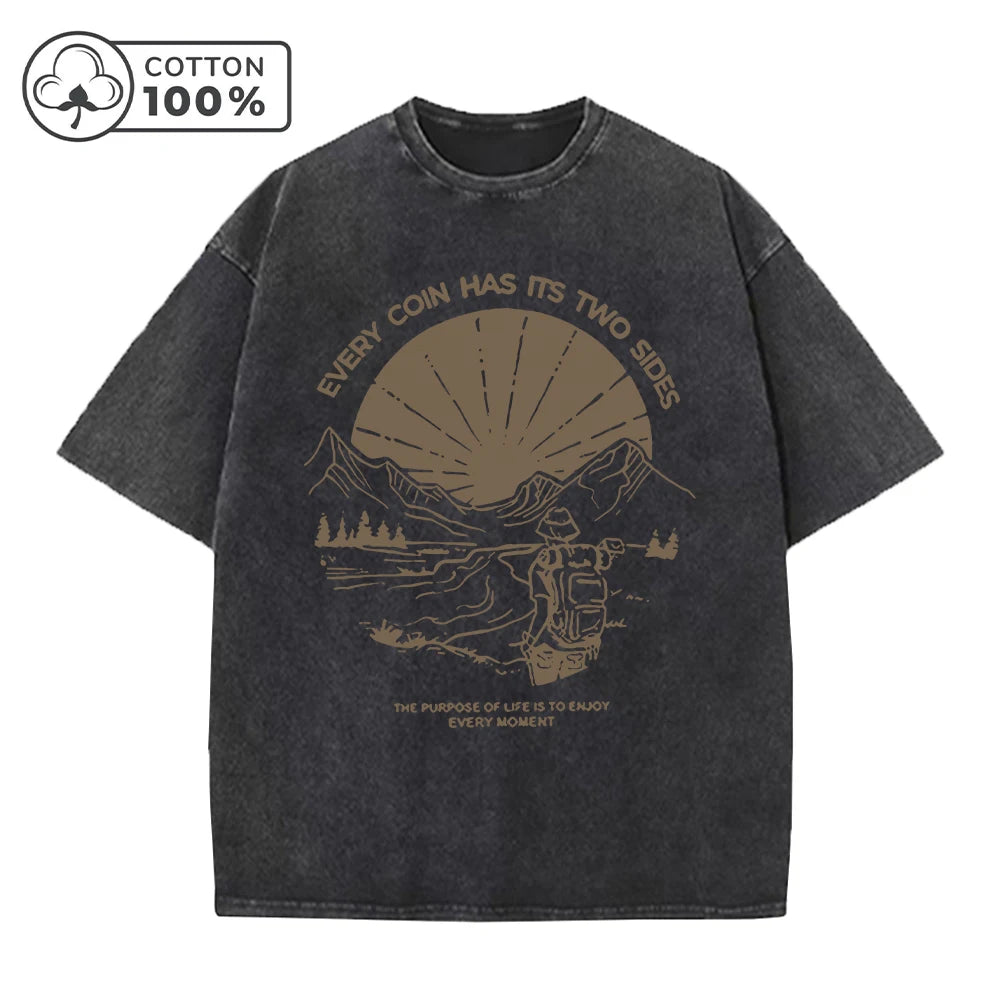 Men's Retro Casual Washed T-Shirt Summer Fashion Landscape Print Pure Cotton Crew Neck Short Sleeve Street Commuter Top