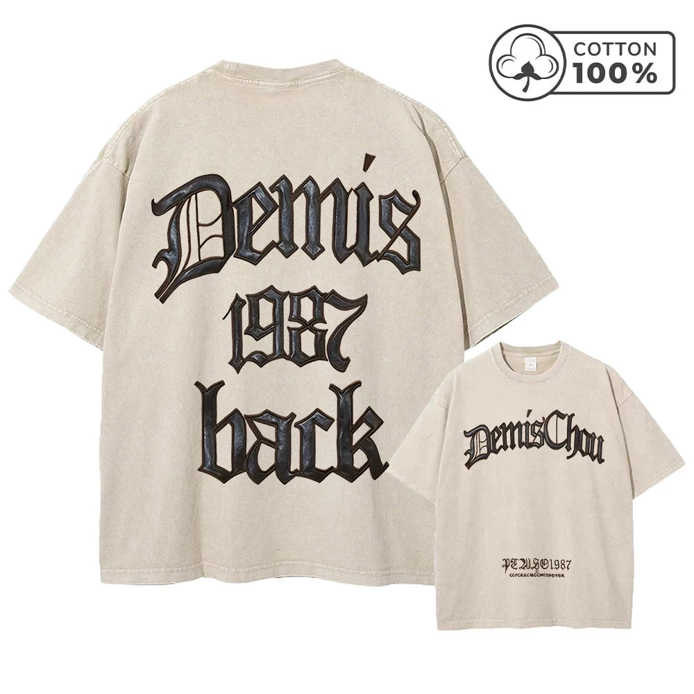 Men's Retro Casual Washed T-Shirt Summer Fashion Word Print Pure Cotton Crew Neck Short Sleeve Street Gym Commuter Top