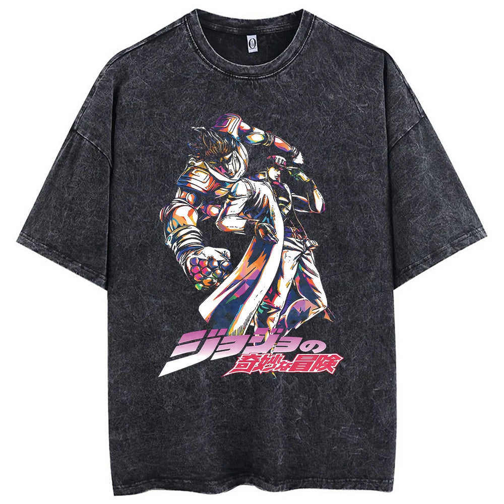 Y2k Washed T-shirts For Men Anime JoJo's Bizarre Adventure Short Tshirts Women Tops Graphic Printed TShirt Short Sleeve Unisex
