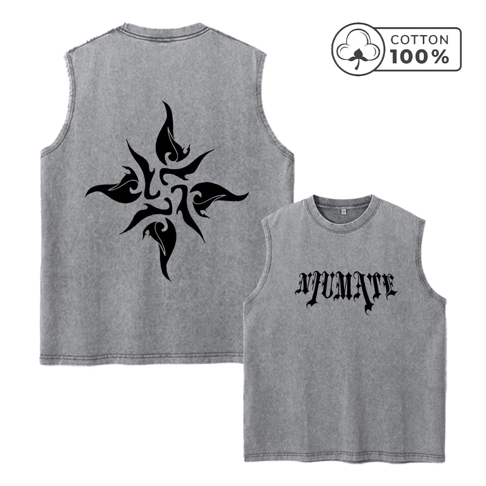 Men's Washed Vest With Gothic Text And Floral Print Pure Cotton Sleeveless Fitness T Shirt Loose Fit Casual Commuter Sports Top