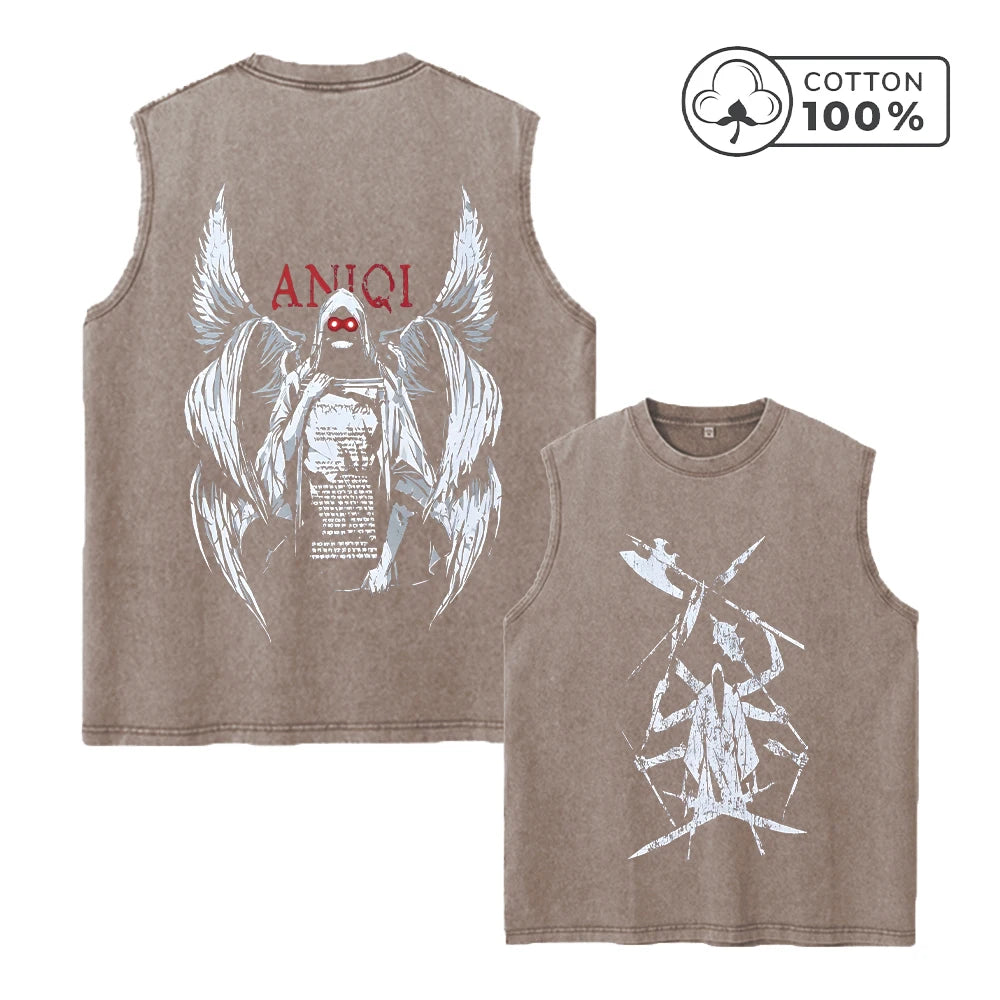 Men's Creative Eight Armed Death Print Washed Vest Loose Casual Pure Cotton Commuter Retro Sleeveless Vest Summer Running Top