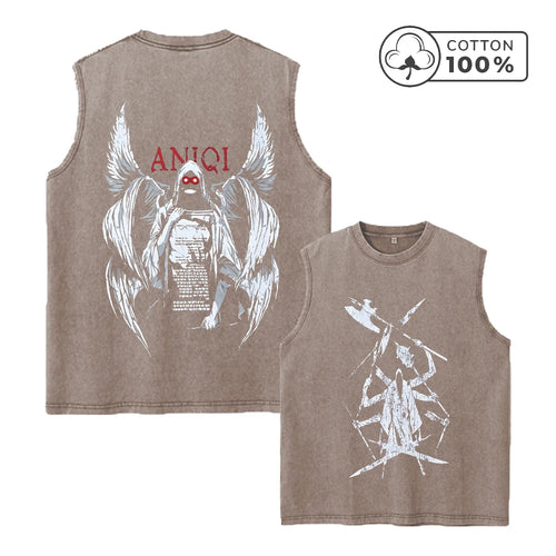 Men's Creative Eight Armed Death Print Washed Vest Loose Casual Pure Cotton Commuter Retro Sleeveless Vest Summer Running Top