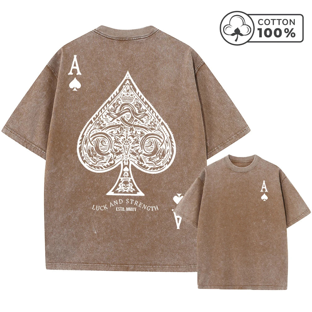 Men's Gothic Style Ace Of Spades Print Washed T-Shirt Summer Distressed Loose Fit Casual Fashion Short Sleeve Gym Commuter Top
