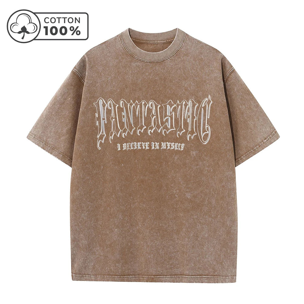 Men's Hollowed Out Letter Print Retro Washed T-Shirt Street Fashion Summer Trend Pure Cotton Short Sleeved Fitness Training Top