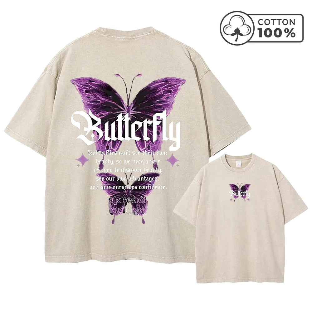 Men's Street Style Butterfly Print Washed T-Shirt Summer Distressed Loose Casual Fashion Short Sleeved Gym And Commuter Top
