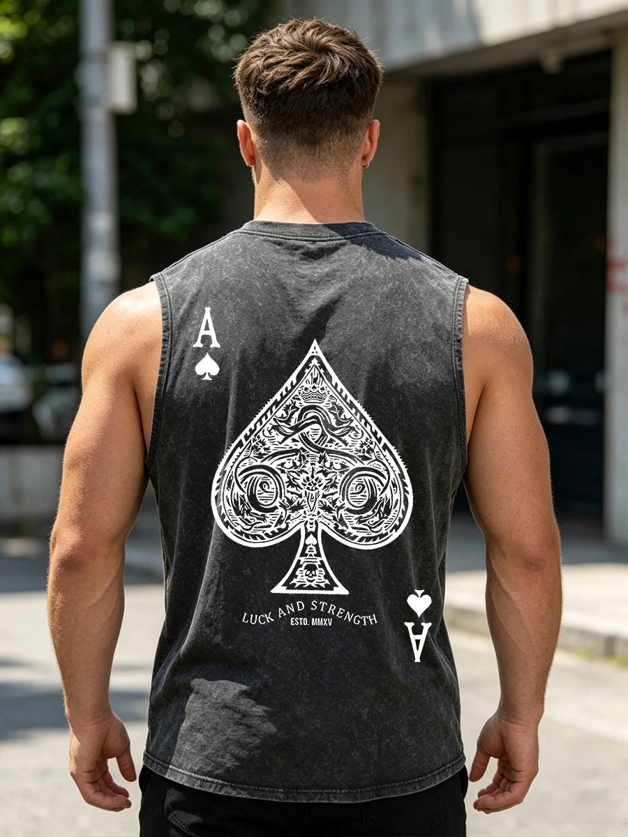 Men's Gothic Style Spade Ace Print Vintage Washed Vest Summer Gym Commuter Top Distressed Casual Fashion Pure Cotton Vest
