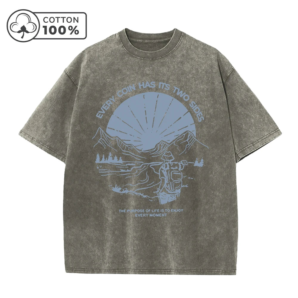 Men's Retro Casual Washed T-Shirt Summer Fashion Landscape Print Pure Cotton Crew Neck Short Sleeve Street Commuter Top