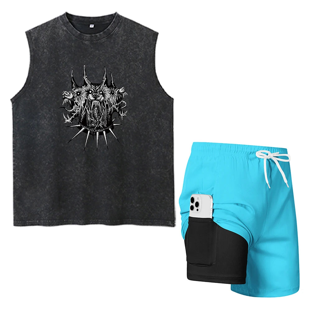 Men's Beach Casual Set Printed Fashion Washed T-Shirt Drawstring Shorts With Inner Cell Phone Pocket Summer Swimming And Surfing