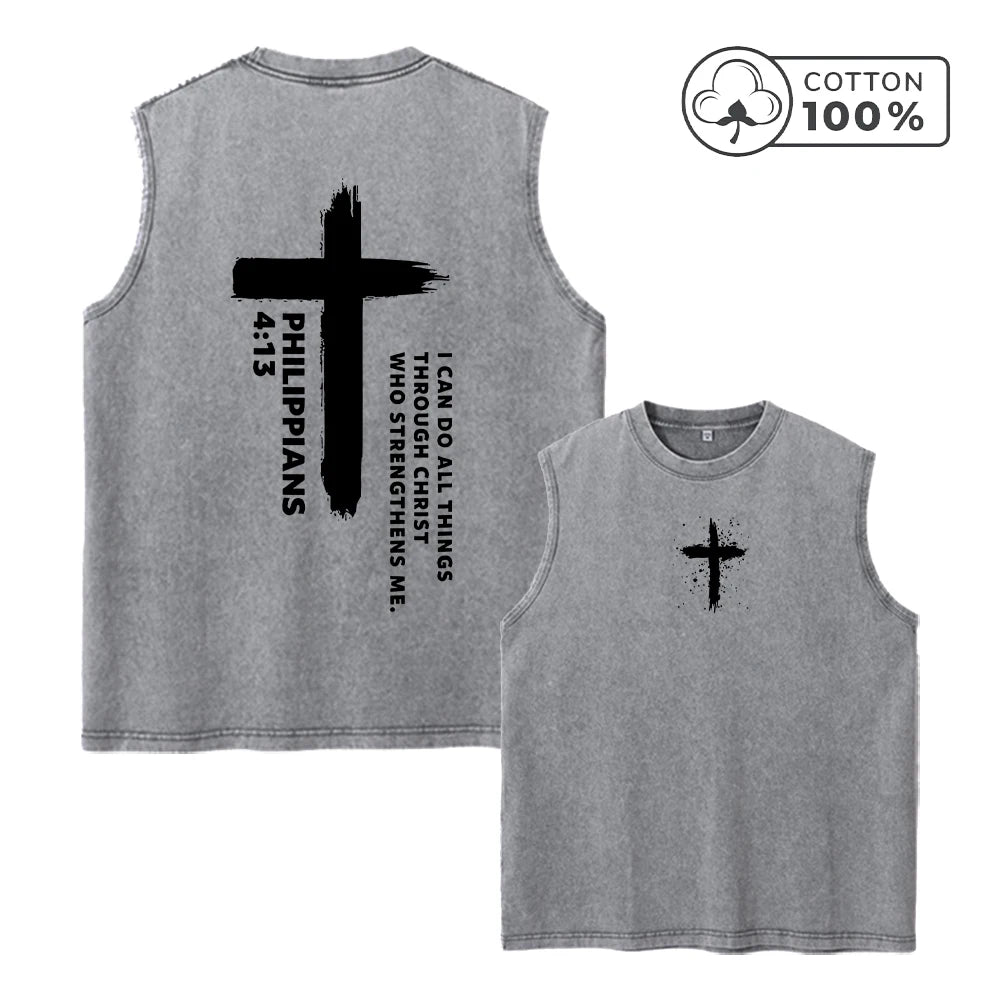 Men's Fashion Cross Print Retro Pure Cotton Washed Vest Summer Casual Sleeveless T-Shirt Daily Commute Outdoor Fitness Top