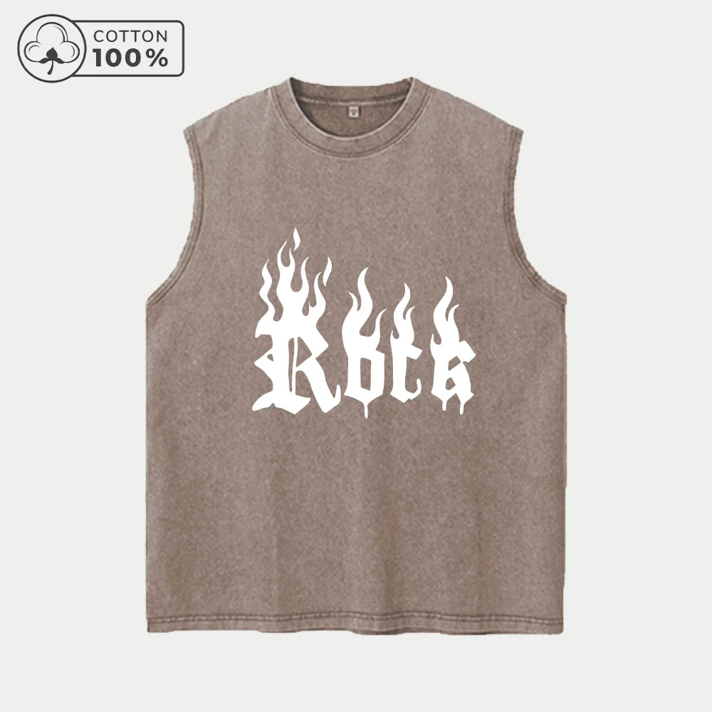 Men's Distressed Washed Vest Summer Casual Flame Word Print Pure Cotton Sleeveless T-Shirt Everyday Streetwear And Commuter Top