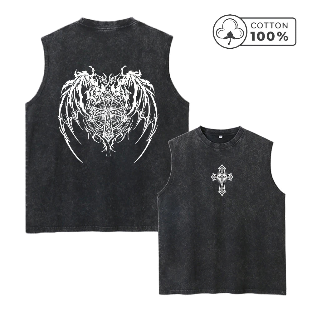 Men's Retro Washed Vest With Cross Wing Print Loose Fit Casual Pure Cotton Sleeveless Top Summer Fitness Running Base Shirt