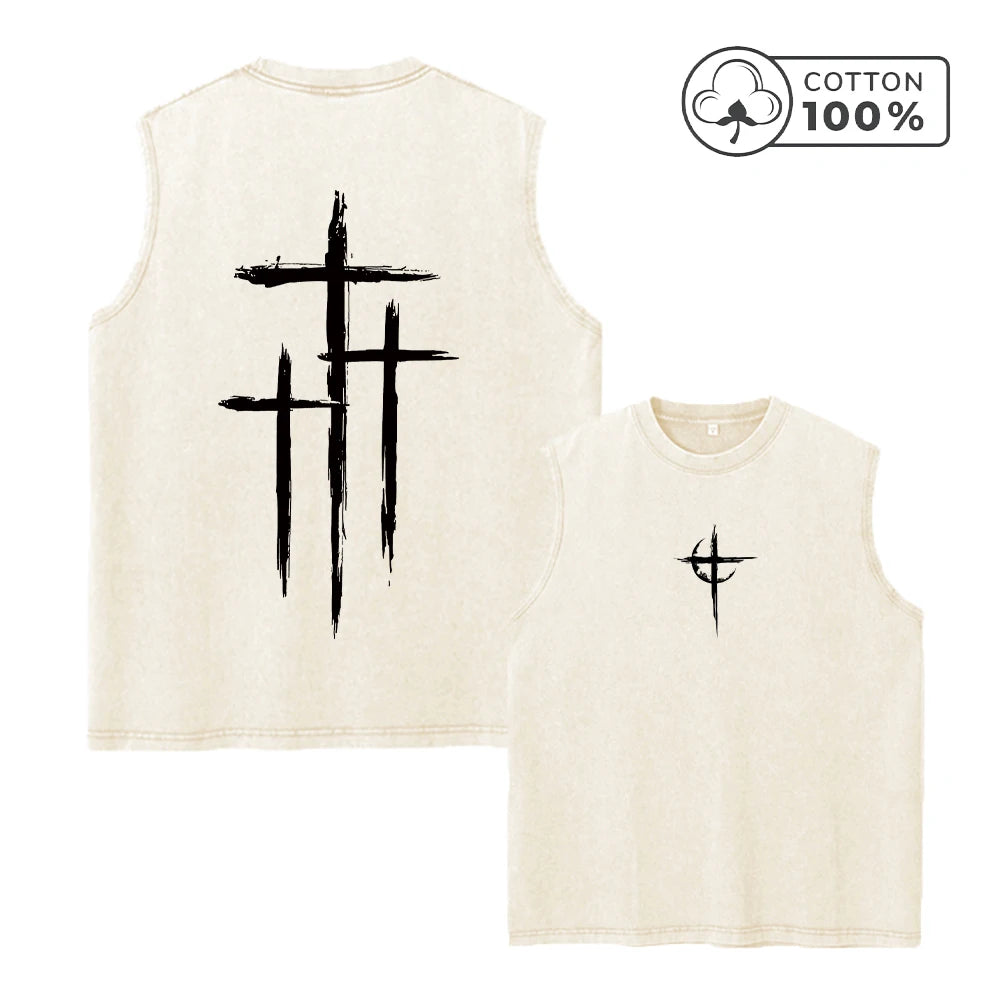 Men's Fashion Washed Vest With Scratched Cross Print Pure Cotton Sleeveless Fitness T Shirt Loose Casual Commuter Sports Top