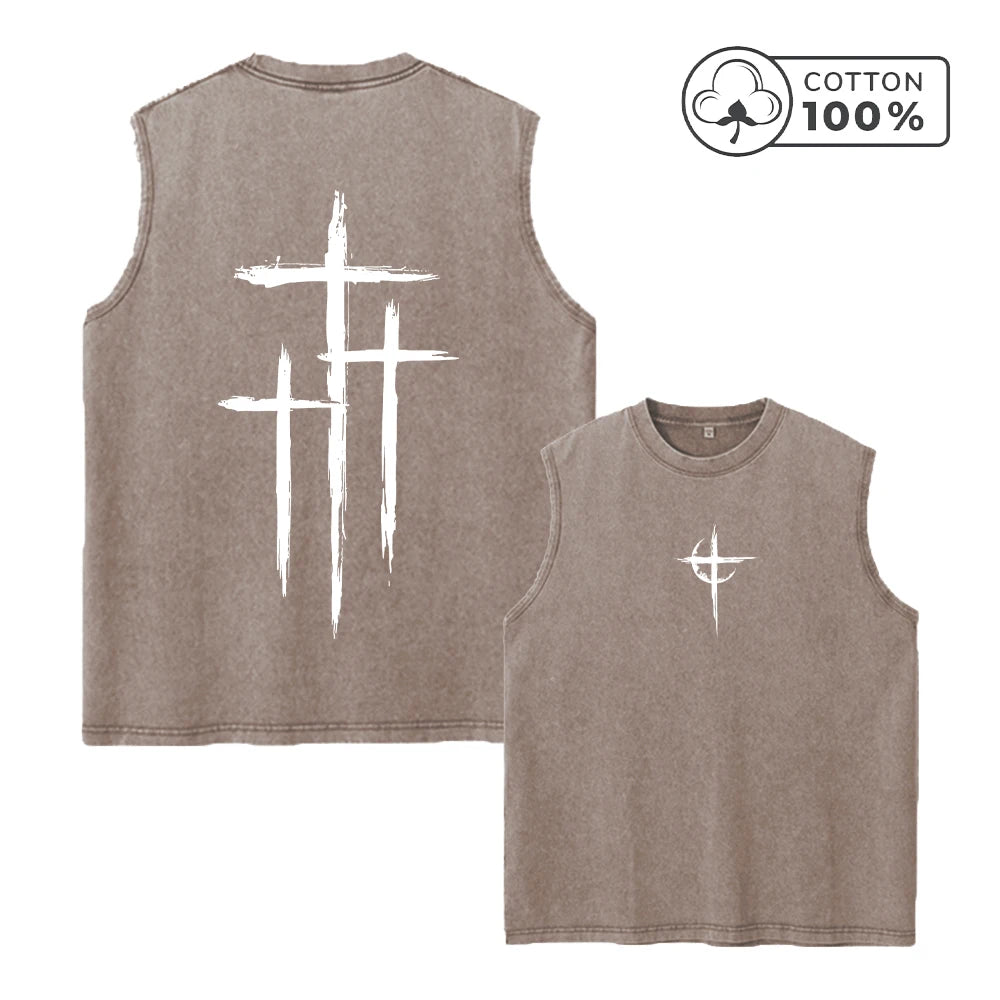 Men's Fashion Washed Vest With Scratched Cross Print Pure Cotton Sleeveless Fitness T Shirt Loose Casual Commuter Sports Top