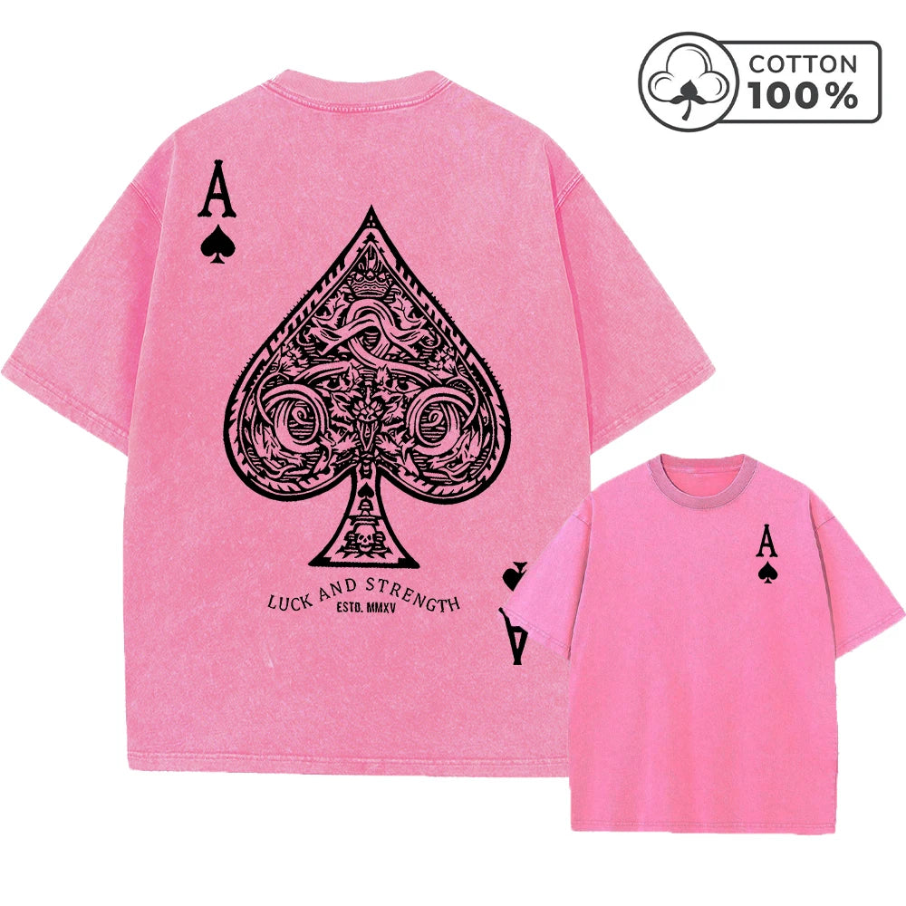 Men's Gothic Style Ace Of Spades Print Washed T-Shirt Summer Distressed Loose Fit Casual Fashion Short Sleeve Gym Commuter Top