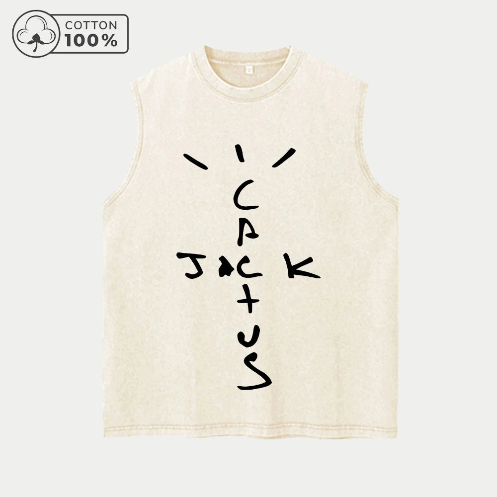 Men's Fashion Washed Vest With Cartoon Word Print Pure Cotton Sleeveless Fitness T Shirt Loose Fit Casual Commuter Sports Top