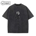Men's Fashion Street Style Distressed Washed T-Shirt With Retro Rose Print Summer Casual Pure Cotton Breathable Short Sleeve Top