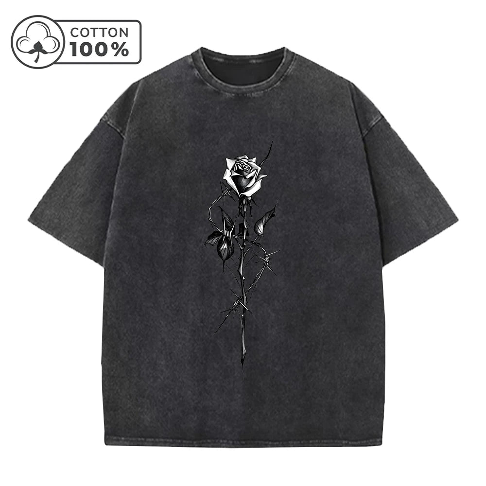 Men's Fashion Street Style Distressed Washed T-Shirt With Retro Rose Print Summer Casual Pure Cotton Breathable Short Sleeve Top