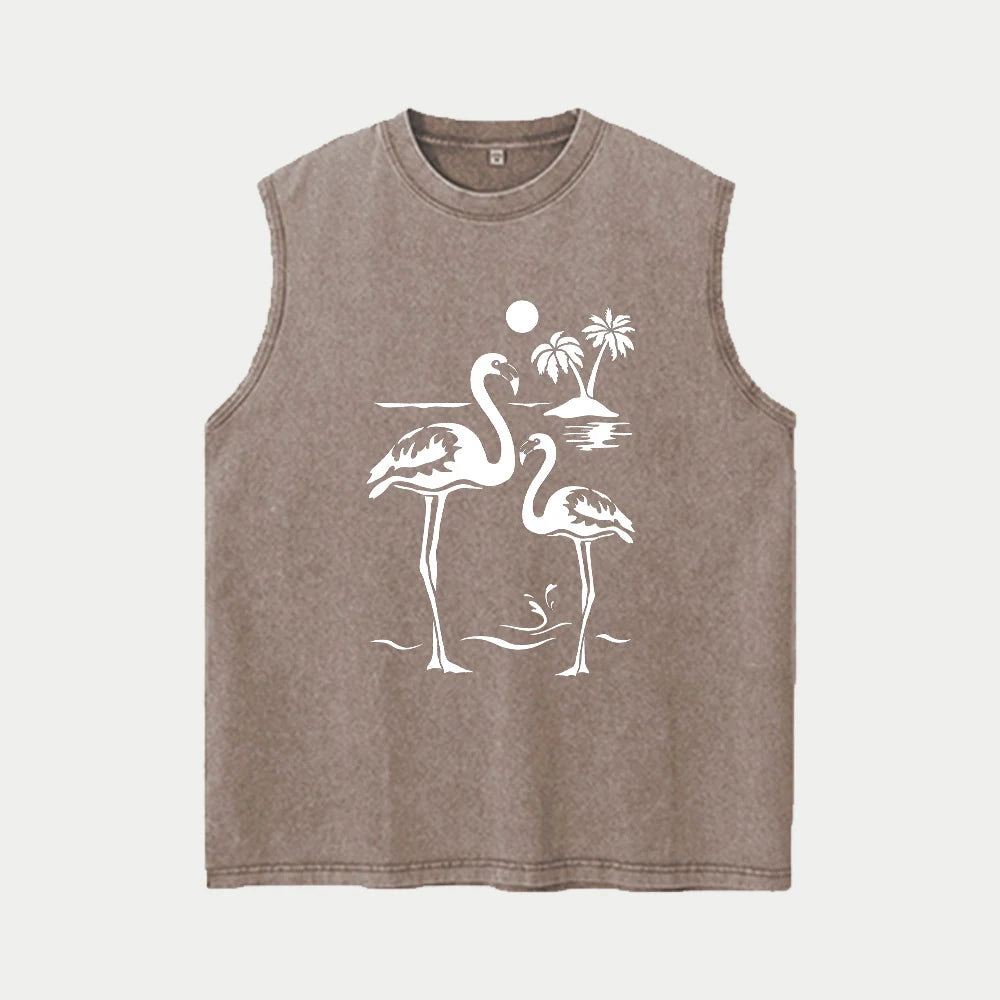 Men's Coconut Tree Print Washable Vest Summer Loose Casual Pure Cotton Short Sleeve Retro Street Style Machine Washable