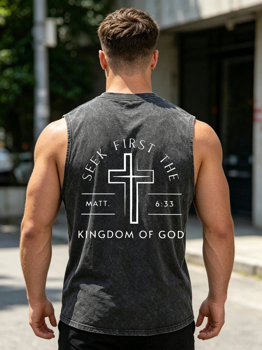 Men's Distressed Washed Vest With Prayer And Cross Print Summer Pure Cotton Casual Sleeveless T-Shirt Vintage Street Style Top