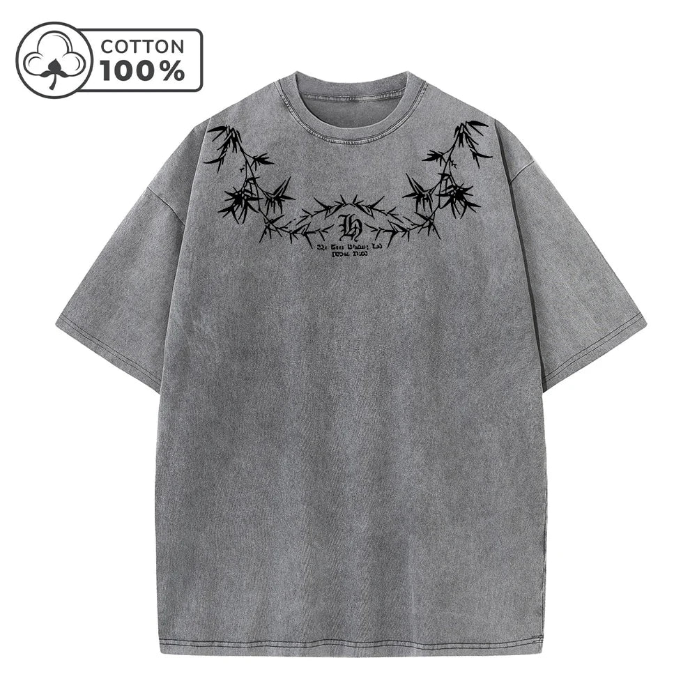 Men's Street Style Washed T-Shirt With Unique Bamboo Leaf Print Retro Pure Cotton Short Sleeve Top Casual Daily Commute