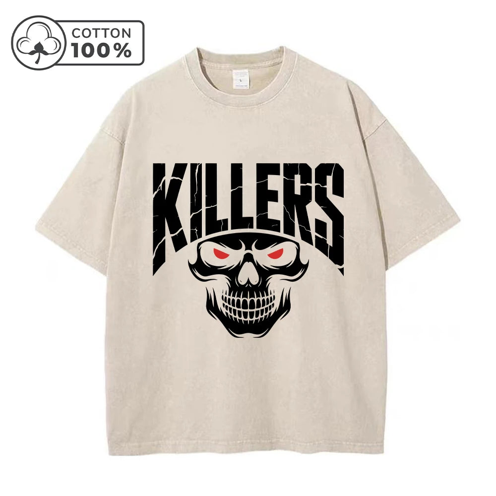 Men's Fashion Street Retro Washed T-Shirt With Red Eye Skull Print Summer Casual Pure Cotton Breathable Short Sleeve Top