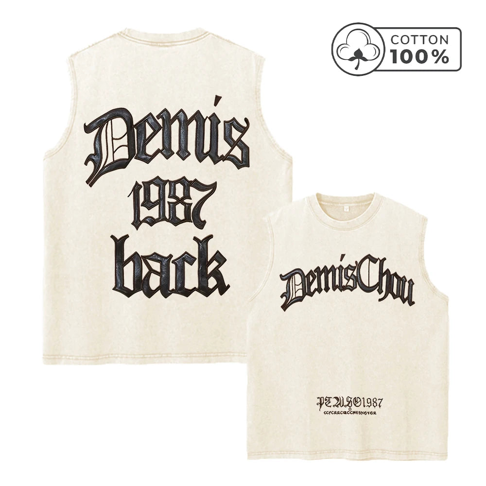 Men's Heavyweight Pure Cotton Washed Sleeveless Vest Trendy Gothic Font Print Top Retro Distressed Vest 2026 New Arrival