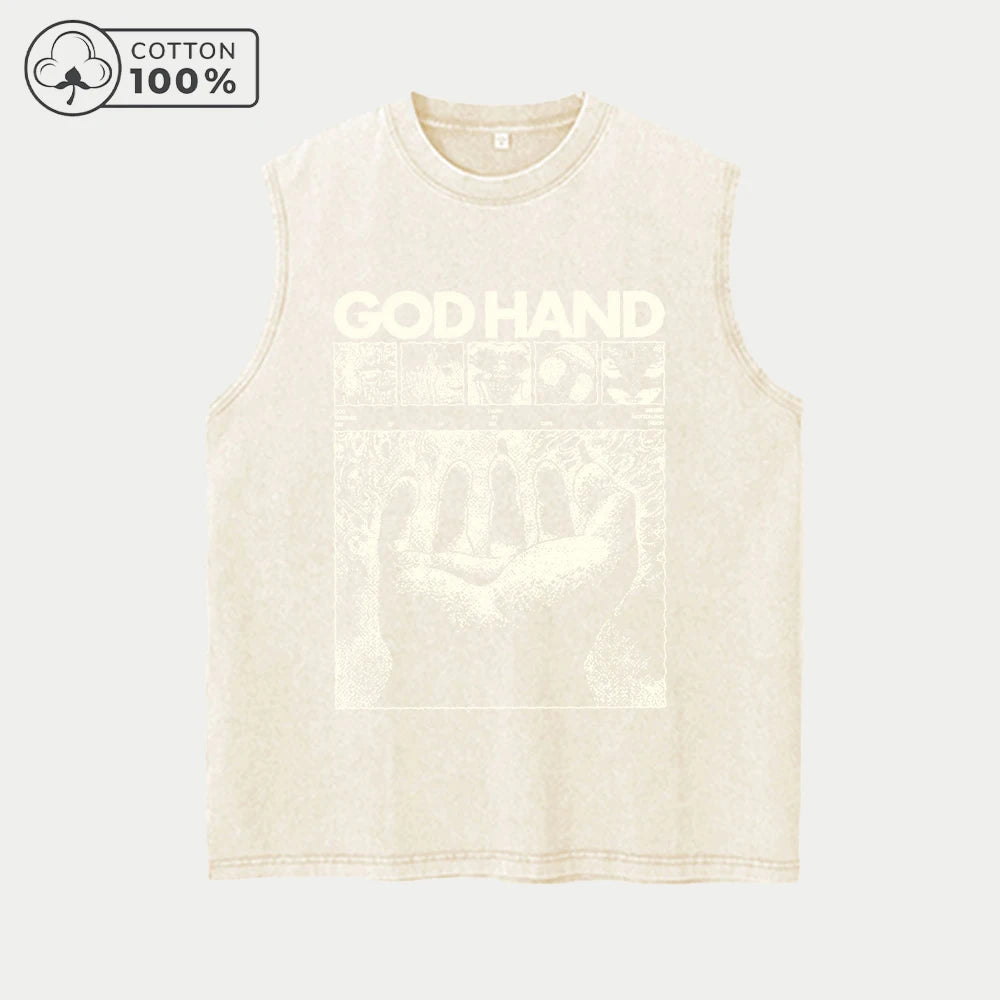 Men's Fashion God's Hand Print Washed Vest Loose Casual Pure Cotton Fitness Commuter Sleeveless Vest Summer Running Top