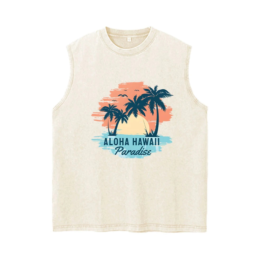Men's Coconut Tree Print Washable Vest Summer Loose Casual Pure Cotton Short Sleeve Retro Street Style Machine Washable