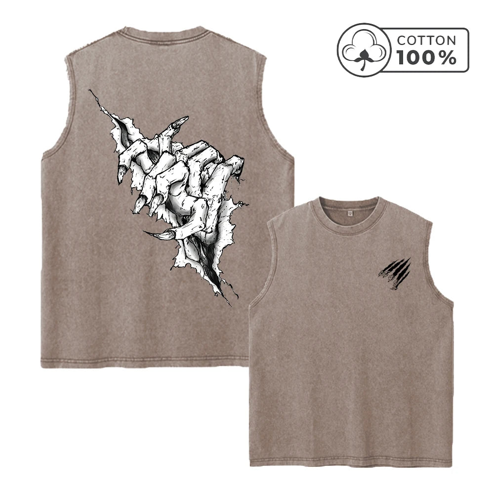 Men's Unique Claw Print Washed Vest Loose Casual Pure Cotton Fitness Commuter Retro Sleeveless Vest Summer Running Top