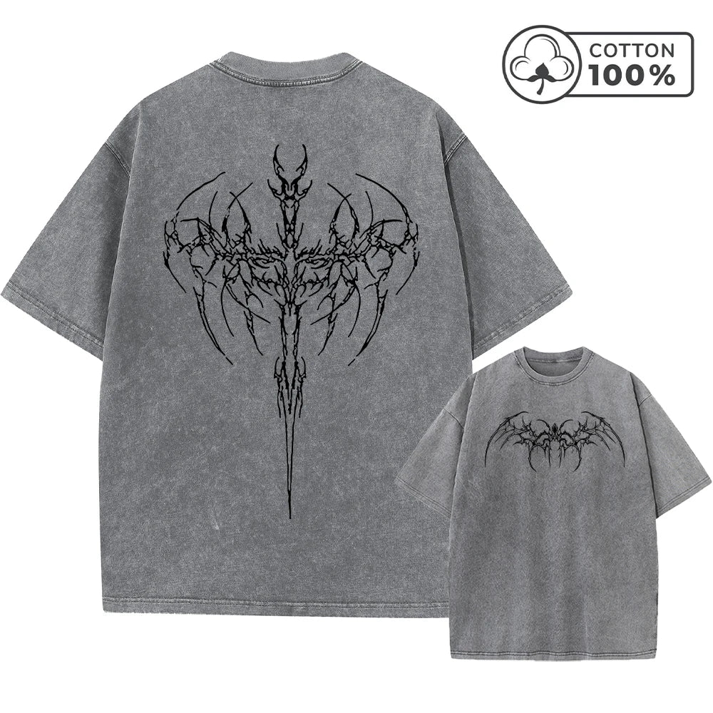 Men's Thorn Wings Print Retro Washed T-Shirt Trendy Streetwear Fitness Top Summer Casual Pure Cotton Breathable Short Sleeve Top