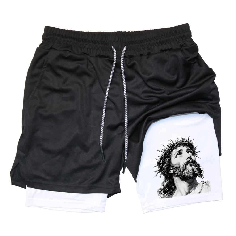 Men's Quick-Drying Athletic Shorts With Jesus Head Print Multiple Pockets Suitable For Fitness Training And Everyday Wear