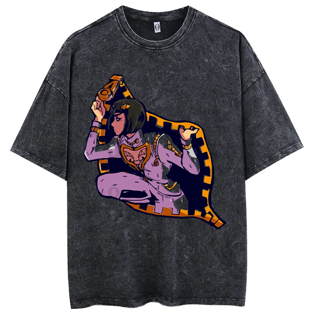 Y2k Washed T-shirts For Men Anime JoJo's Bizarre Adventure Short Tshirts Women Tops Graphic Printed TShirt Short Sleeve Unisex
