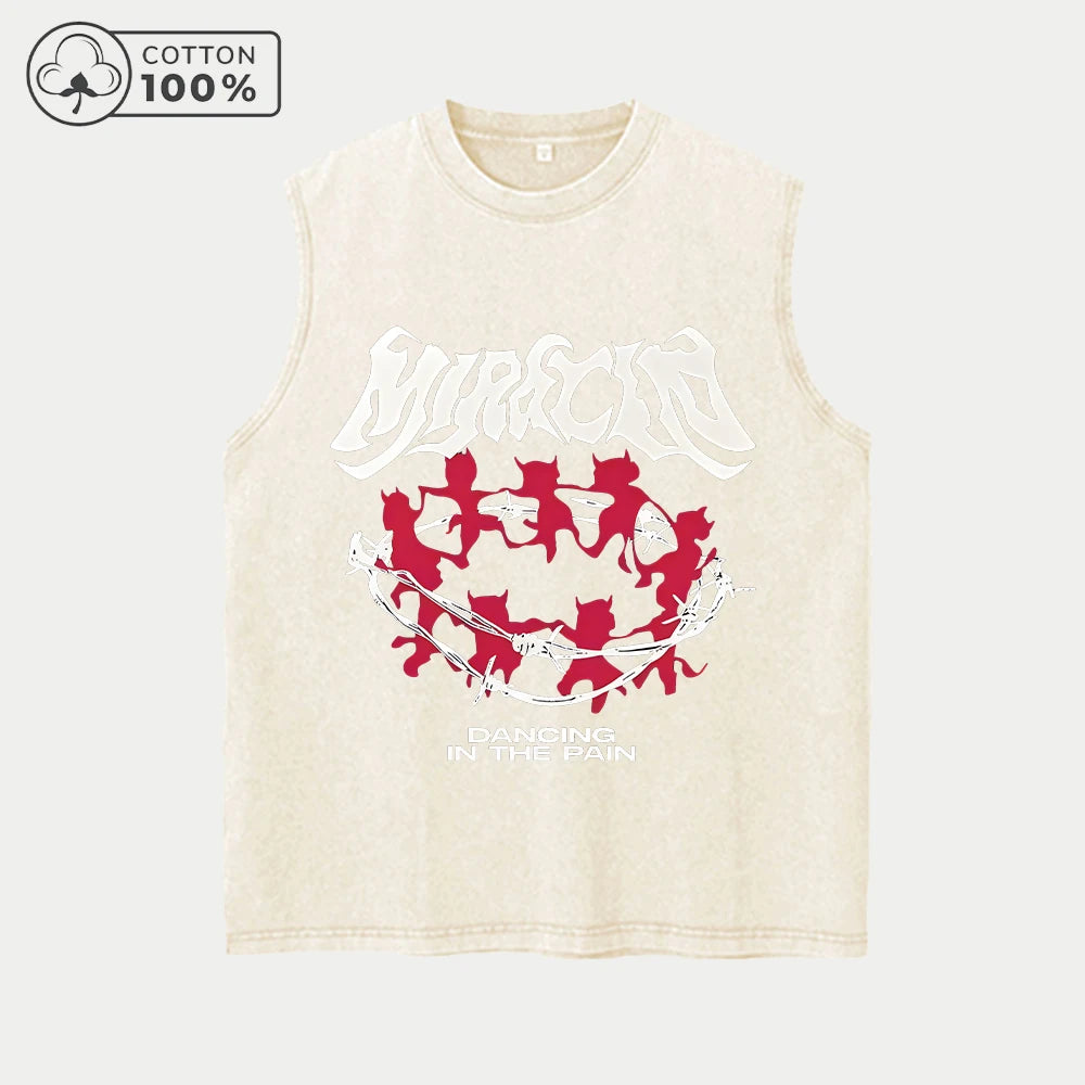 Men's Retro Washed Vest With Creative Dancing Devil Print Pure Cotton Casual Sleeveless T-Shirt Distressed Street Style Top